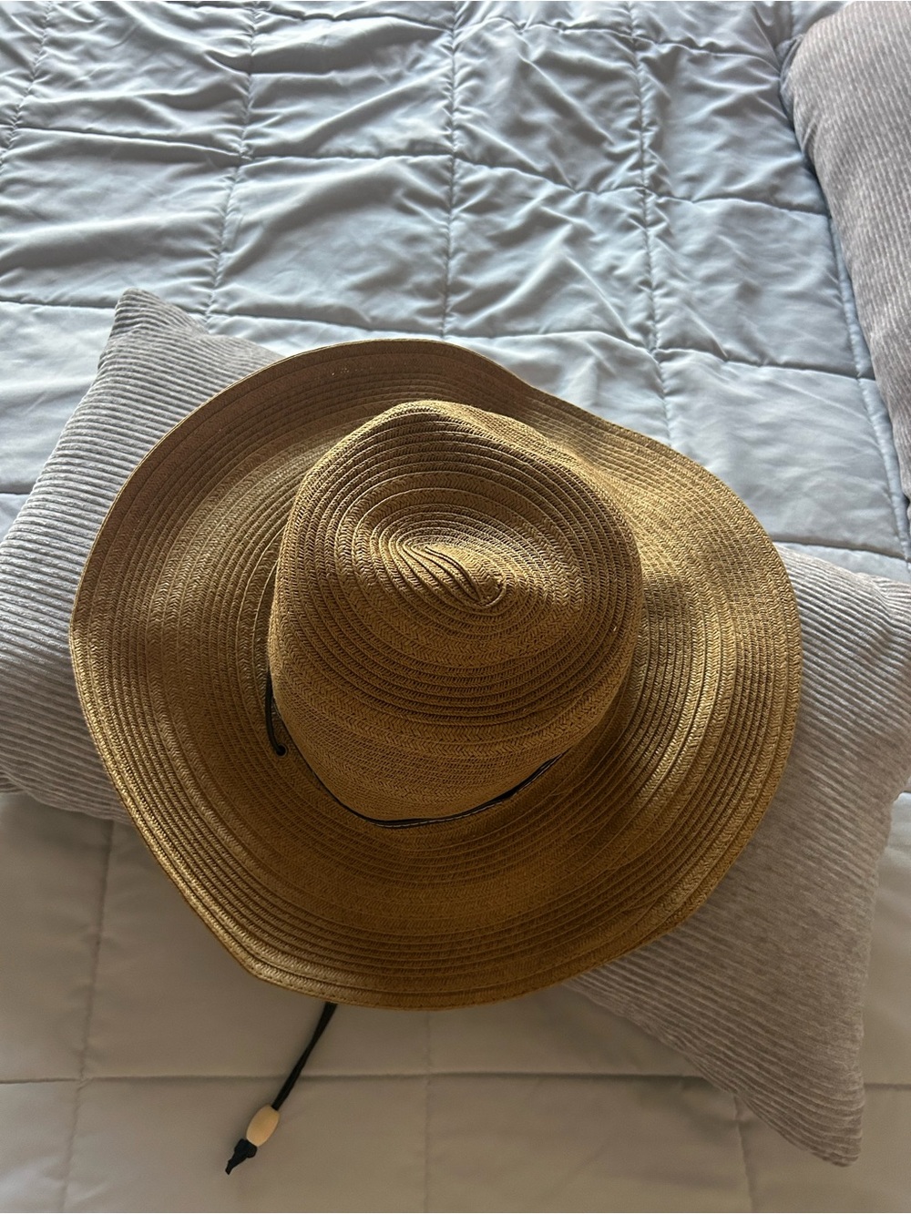 Coolibar Wide-Brim Straw Sun Hat in Tan with Chin Cord